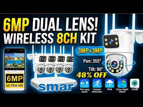 Smar 6MP Dual Lens Wireless Security Camera System – 8CH WiFi NVR Kit, Dual-Screen PTZ IP Cameras