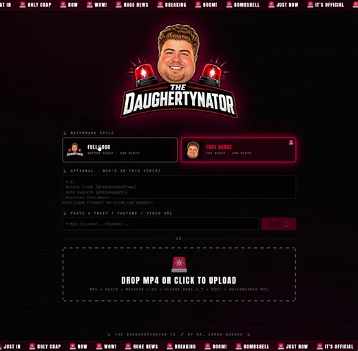 🚨HOLY SMOKES! How to make $100,000/month with ad revenue (SUPER EASY):STEP 1: Watch Fox News and clip random segments.STEP 2: Build a simple app with VS Code + Claude (took me about an hour).STEP 3: Train an AI to sound like you… or better yet, like a fat, spineless government bootlicker.DONE.With my tool, THE DAUGHERTYNATOR, I can go from downloading a clip to posting a tweet in seconds. Just pure, automated goy SLOP.Over the next 3 days, I’ll show you how this takes my account from ~200K view