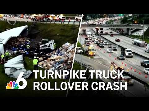 Truck rollover crash blocks lanes on Florida's Turnpike