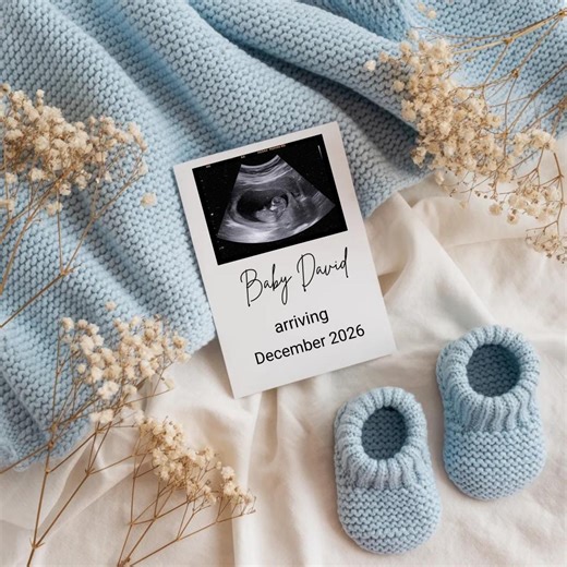 Minimal Baby Announcement, Blue Knit Theme Pregnancy Reveal Card, Soft Neutral Newborn Photo Prop, Editable Canva Design, Digital Download - Etsy