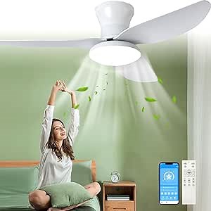 Ceiling Fans with Lights- 40" Low Profile Indoor Ceiling Fan with Light and Remote/APP Control, Flush Mount, LED Dimmable AC Reversible Modern Ceiling Fan for Bedroom（White）