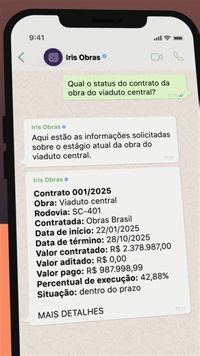Softplan on Instagram: "Transformar dados em decisões rápidas e seguras já é uma realidade na gestão de obras. Conheça o Iris Obras, nossa IA conversacional que entrega informações confiáveis sobre contratos diretamente pelo WhatsApp, em texto, fotos, gráficos ou relatórios. Integrado a base de dados do SIDER e nos princípios de segurança, rastreabilidade e propósito da Softplan, o Iris Obras atua como um assessor especializado para apoiar gestores no dia a dia. Uma IA feita para servir à gestão
