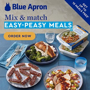 Choose from 100 weekly options, including easy recipes and delicious pre-made meals. New subscriptions get up to 10 meals free across the first 5 weeks! | Blue Apron