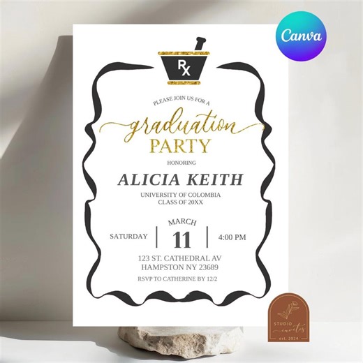 Black Bow RX Graduation Invitation, Pharmacy Graduation Party Announcement, Canva Editable Pharmacist Class of 2026 Graduation Party C212 - Etsy