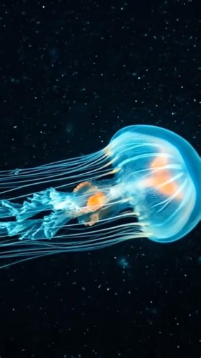 A glowing, bioluminescent jellyfish swimming gracefully in the deep dark ocean. #deepsea #ocean #sea