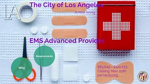The City of LA is hiring EMS Advanced Providers! $83,645 - $122,273 Closing: Nov. 29th Learn more and apply online at: https://www.governmentjobs.com/careers/lacity/jobs/2267235/ems-advanced-provider-2341 | City of Los Angeles - Job Opportunities