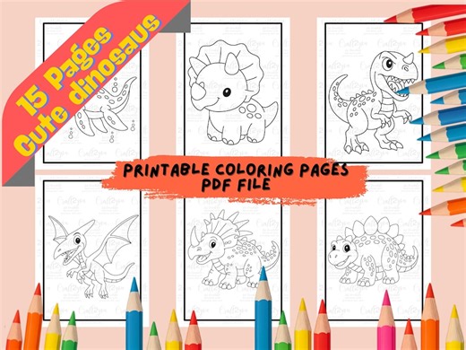 Kawaii Dinosaur Coloring Pages for Kids | 15 Printable Sheets (PDF Download) - Etsy