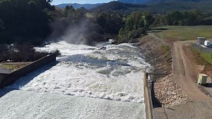 Spillway (flowing),, Lake Buffalo, last week. Photo: Victorian Creeks & Rivers, 21/6/23. | Victorian Creeks and Rivers; Friends of Deep Creek