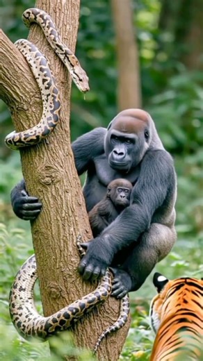 discoverywildjoy | Gorilla save his baby from python & tiger 😭 _ _ _ _ _ _ _ _ #python #gorilla #gorillavspython #wildatlanticway #wildanimals... | Instagram