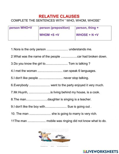 Relative clause Who, whom, whose worksheet
