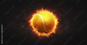 Rotating tennis ball in burning fire flames on dark background. Sport equipment as loopable 4K video background.