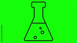 Animated black beaker with liquid. Symbol of analyses. Concept of chemistry, experiments, research, science. Looped video. Linear vector illustration on green background.