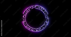 Purple and blue neon circle on a dark background. A shiny object with a shiny glitter. A glowing circle of purple, blue. Smooth animation of the object, light.