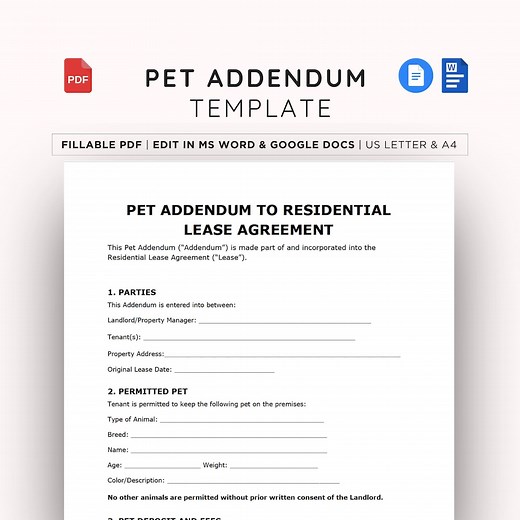 Pet Addendum Template for Lease, Editable Pet Policy Fillable PDF Form, Customizable Rental Agreement, Word, Google Docs - Etsy