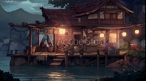 animation landscape cartoon style, mountain, lake, river, bridge, sky, trees, for game, cartoon movie