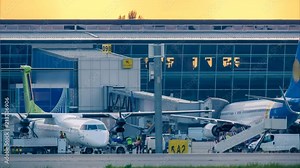 Airport time-lapse. The airport staff servicing just landed airplane. Zoom effect
