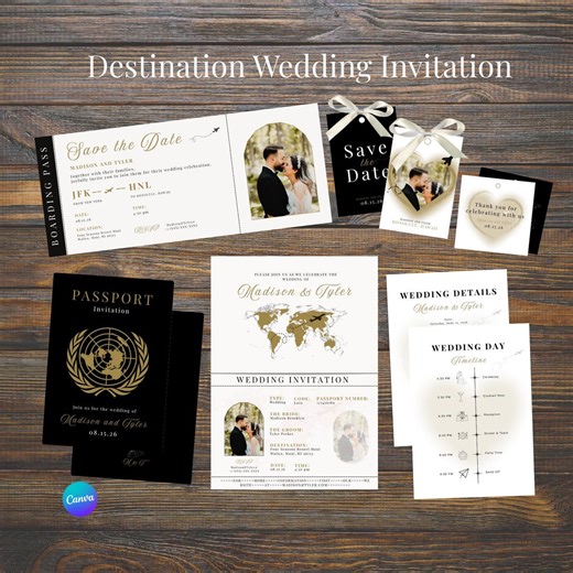 Elegant Invitations for Destination Wedding, Black and Gold Luxury Invitation, Boarding Pass Invite, Passport Template, RSVP Card - Etsy