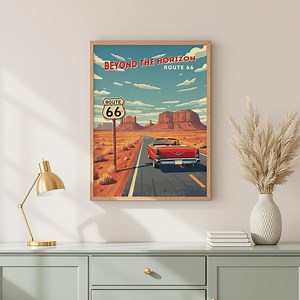 Route 66 Vintage Travel Poster Red Convertible Desert Road Wall Art Retro Car Printable - Etsy
