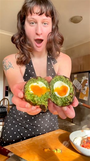 HUM on Instagram: "A wild ‘snack plate’ this morning although I’d say it’s more of a meal. Falafel scotch egg with spicy eggplant and tomato and Hum Hummus. sooooo good. Do yall wanna see how I made the olive tapenade?"