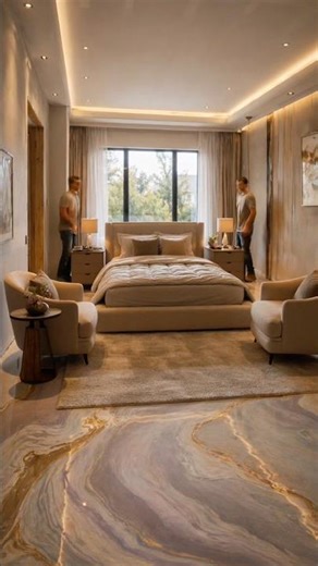 Modern Luxury Bedroom with Warm Ambient Lighting & Marble Flooring