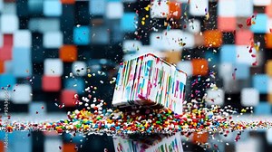 Striped cube hovers mid-air, exploding with multicolored sprinkles against a bokeh background. Frozen moment captures dynamic burst of color and texture in tack-sharp focus.