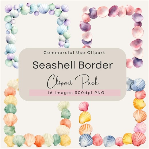 Seashell Border Clipart Beach Frame Clip Art Square Shell Watercolor Coastal Theme Digital Art Set for Scrapbooking Craft Instant Download - Etsy