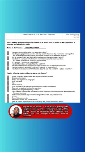 🟥SUBJECT: ARRIVAL CHECKLISTS INSIDE THE BRIDGE For Future Deck Officers, this is for sample purposes only — remember that arrival checklists may look different from one company to another. The format, order, or documents required can change — but the goal is always the same: to ensure a safe and proper arrival. ===================== 🔹 Preparation for Arrival Make sure all passage plan, equipment checks, and notifications (Master, Chief Engineer, crew) are completed before reaching port. Safety