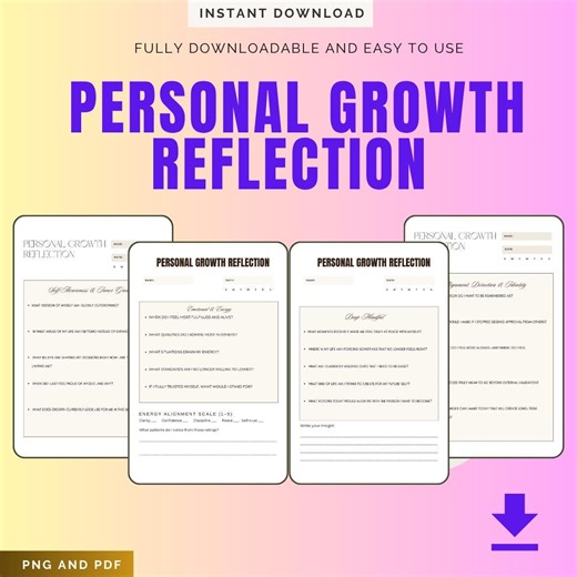 Personal Growth Reflection Worksheet | Self Reflection Journal | Personal Development Planner | PDF PNG Instant Download