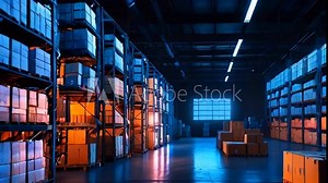 Empty warehouse with rows of stacked boxes illuminated by fluorescent lights.