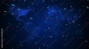 Global financial and market trade animation with earth map background and random numbers. 3D Animation, 4K