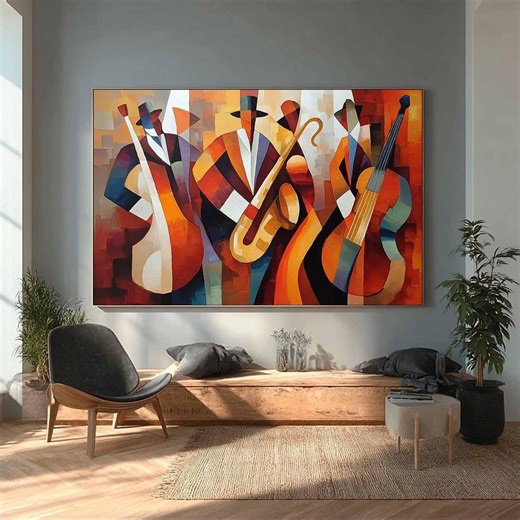 Jazz Band Abstract Painting, Midcentury Cubist Music Art With Sax Bass & Cello, Colorful Wall Art for Room Decor - Etsy