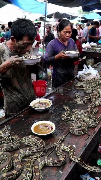 Lunch while selling snakes at the traditional market.‪@mujahid81-ai‬