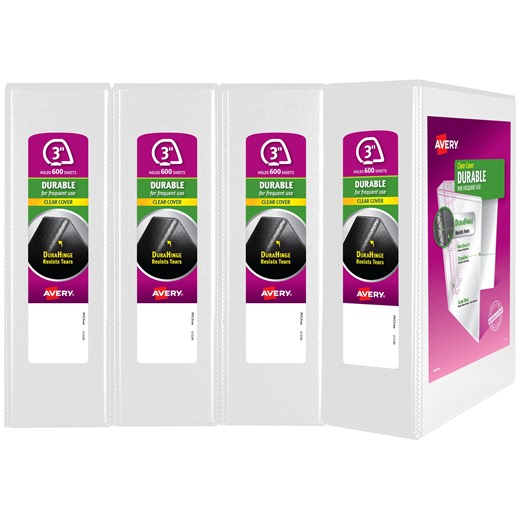 Avery Durable View 3 Ring Binders, 3" Slant Rings, 4 White Binders
