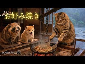 【夏の夕立】熱々お好み焼き｜ボス猫と仲間たち、雨音と笑いに包まれる縁側ごはん