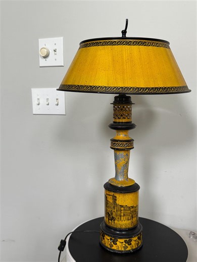 Vintage French Style Toleware Painted Metal Column Table Lamp With Yellow and Black Decoration 22" - Top Ring Finial Broken - Etsy
