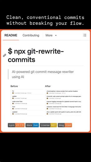 Github Projects on Instagram: "Clean, conventional commits without breaking your flow. GitHub Repository: https://github.com/f/git-rewrite-commits"