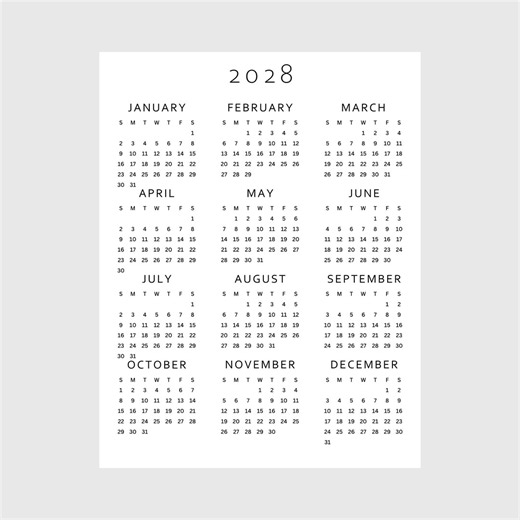 2028 Year at a Glance Calendar Printable | Full Year One Page | A4, A3, US Letter, Tabloid | PDF Download | Minimalist Monday & Sunday Start - Etsy