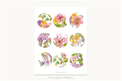 Printable Floral Round Stickers A4 & US Letter | 9 Circles per Sheet | Hand Painted Watercolor Stickers | Digital Download - Etsy