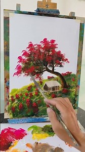 How to Paint a Red Tree on a Mountain Peak Near a Stilt House | Easy Acrylic Tutorial 🌳🏠