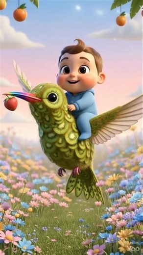 a baby cartoon flying on birds which was made by fruites #trending #baby #cutebaby