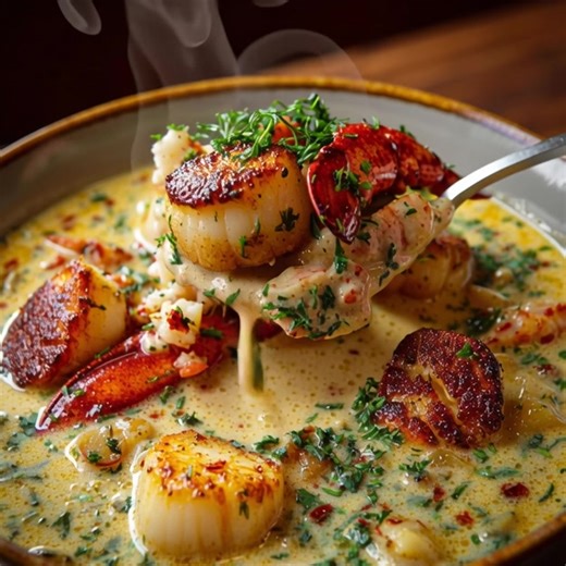8.5K views · 66 reactions | Creamy chowder with lobster  , scallops and potatoes , finished with dill and a touch of lemon. ................. Full Recipe  | Cook By Book | Facebook