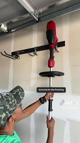 Finally organizing my equipment! The Rubbermaid Fast Track system is the easiest I have found to install. #storage #organizingideas #newhome #newhomeowner #lawntips