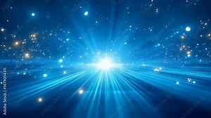 Luminescent energy point projecting vibrant blue luminosity across technological grid landscape. Dynamic spatial visualization with scattered energetic particles radiating from central point. Stock Video