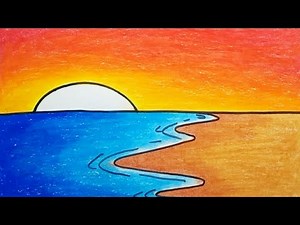 How To Draw Sunset Scenery Easy With Crayons |Drawing Beach Scenery Easy