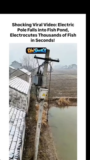 @unispark01 on Instagram: "OMG, you won't believe this insane footage! In a foggy, snow-covered rural village, a rickety utility pole loaded with a transformer stands dangerously close to a murky fish pond. The scene looks straight out of a disaster movie—old houses with tiled roofs dusted in white, barren fields stretching into the mist. Suddenly, the pole starts leaning... and CRASH! It topples right into the water, wires and all. Sparks fly with a bright blue zap, like lightning striking the