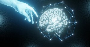 HD Plexus structure evolving around human brain. Human hand revolving particles