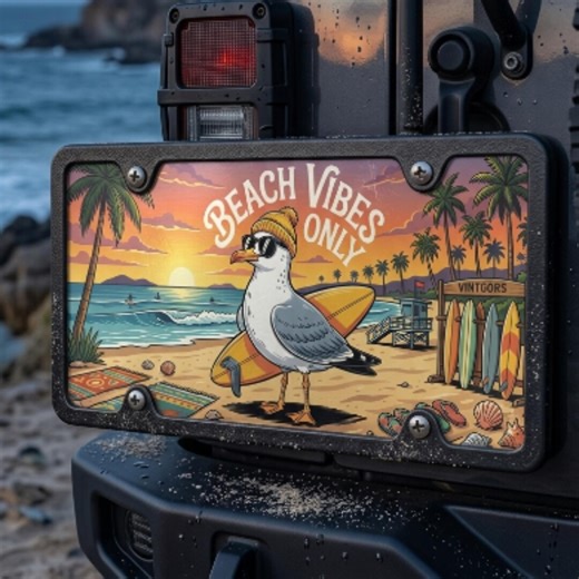 Funny Surfer Seagull License Plate | Beach Vibes Only Tropical Sunset Car Decor - Etsy