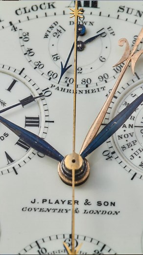 The “Hyper-Complication” by J. Player & Son and Nicole, Nielsen & Co is by far the most complicated watch of Phillips Watches Decade One auction, and the biggest too at 77 mm in diameter. In fact, it is amongst the most complicated single-dial pocket watches ever made. Completed in 1907, it is minute repeating clock watch with grande et petit sonnerie on three gongs, an instantaneous perpetual calendar, equation of time, moon phases, high precision alarm, split seconds chronograph with minutes c