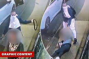 Masked man chokes, drags person with a belt
