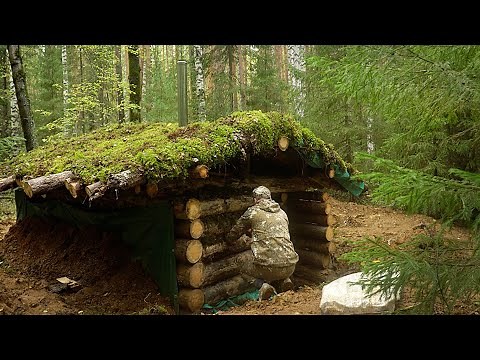 Building an Underground Log Cabin with Grass Roof and Fireplace 7 Days Bushcraft Survival Shelter
